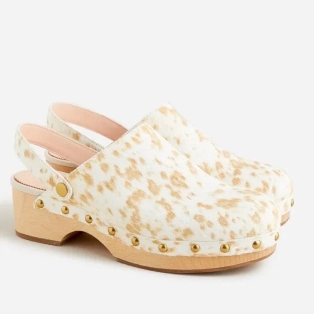 J. Crew pony hair convertible-strap leather clogs with gold hardware